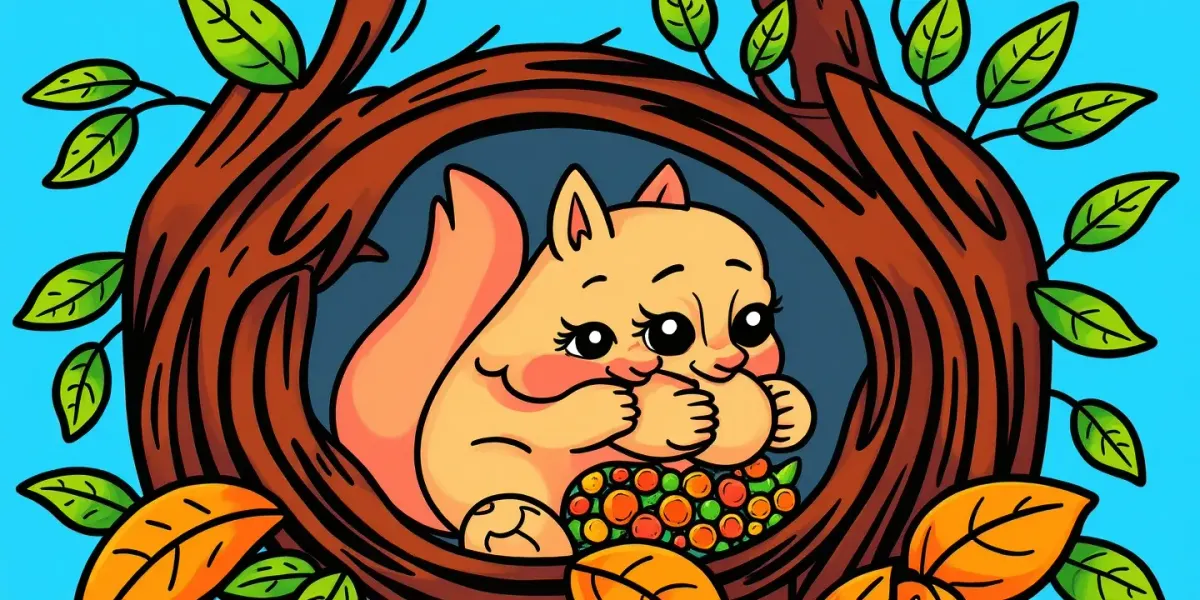 Ein Eichhörnchen, das Nüsse in ein Baumloch verstaut – ein liebevolles Ausmalbild.