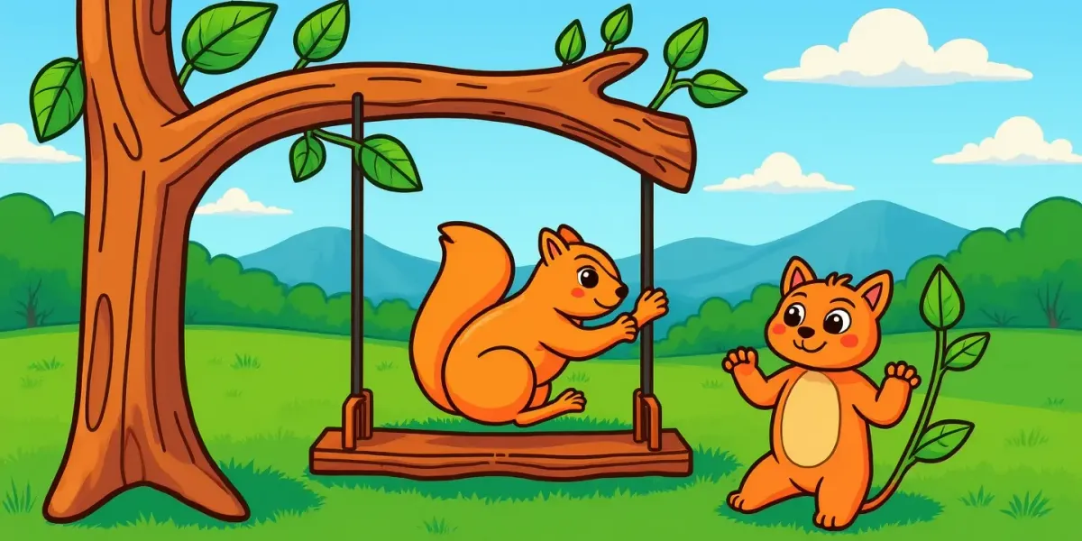 Kostenlose Ausmalvorlage: Eichhörnchen auf Schaukel