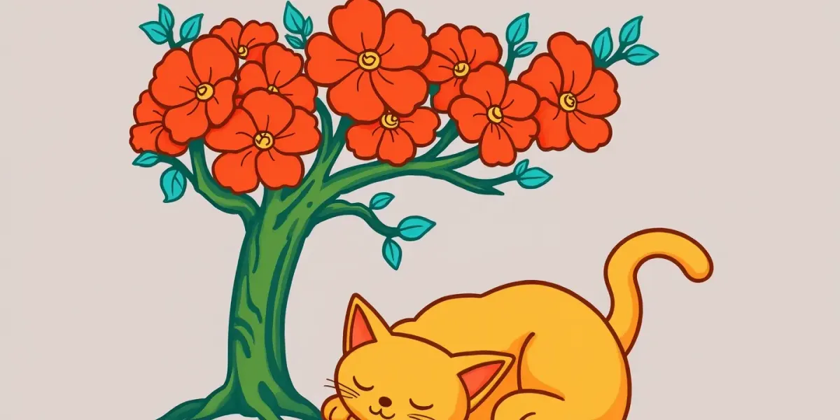 Ausmalvorlage: Katze unter Kirschblüten