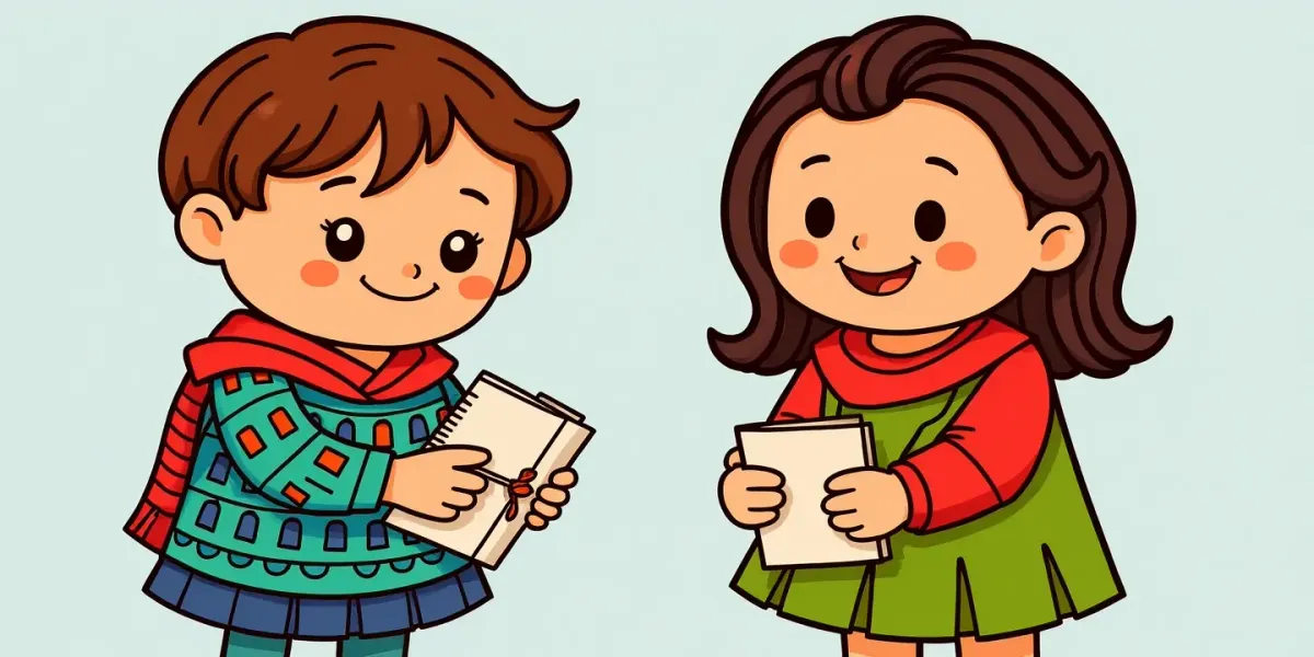 Ausmalbild zum Weltkindertag: Zwei Kinder tauschen Zeichnungen aus