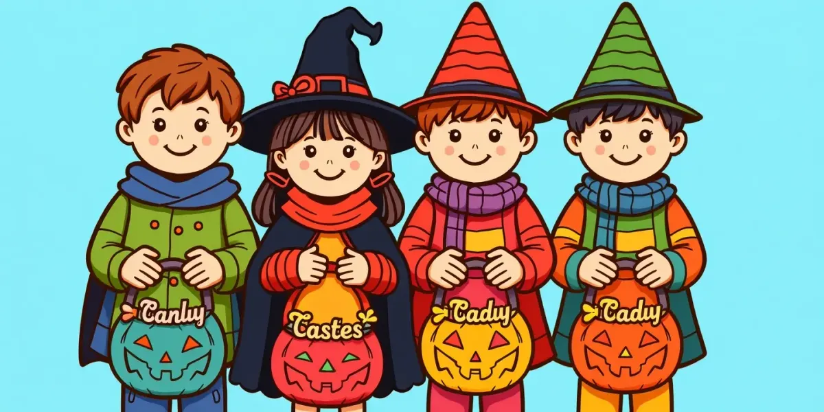 Ausmalbild: Drei Kinder mit Süßigkeiten, Halloween-Motiv, Süßes oder Saures