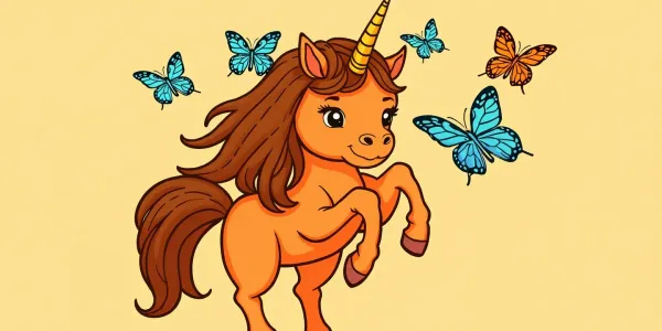 Baby Einhorn spielt mit Schmetterlingen