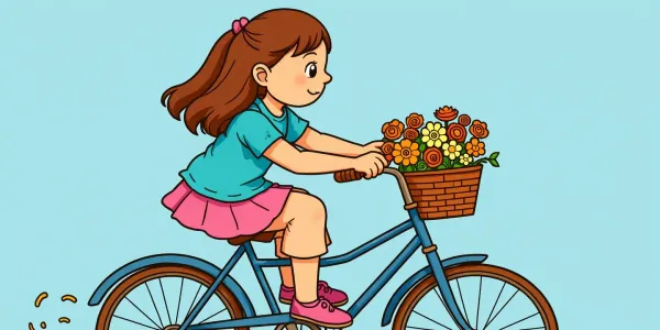 Mädchen mit Fahrrad und Blumenkorb