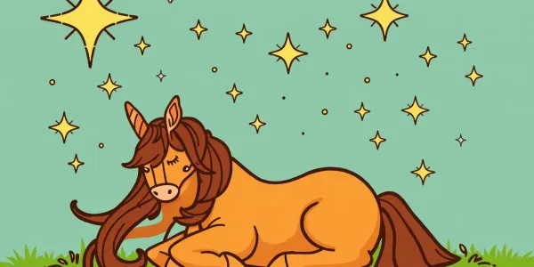 Kostenloses Ausmalbild: Schläfendes Einhorn im Sternenhimmel