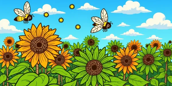 Sonnenblumen mit Bienen und Blüten.