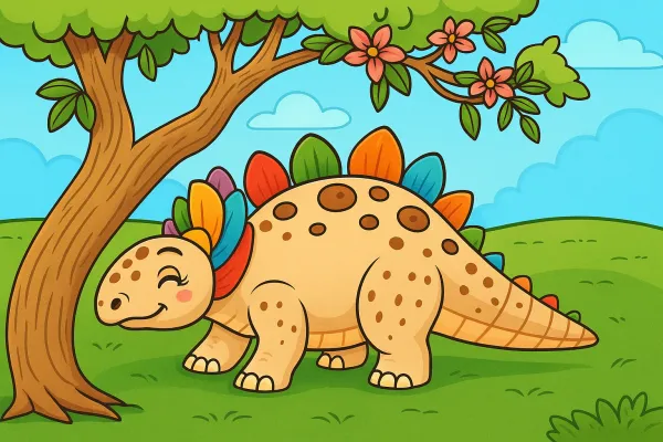 Ausmalbild eines lächelnden Dinosauriers mit Rückenplatten, der unter einem blühenden Baum auf einer Wiese steht.