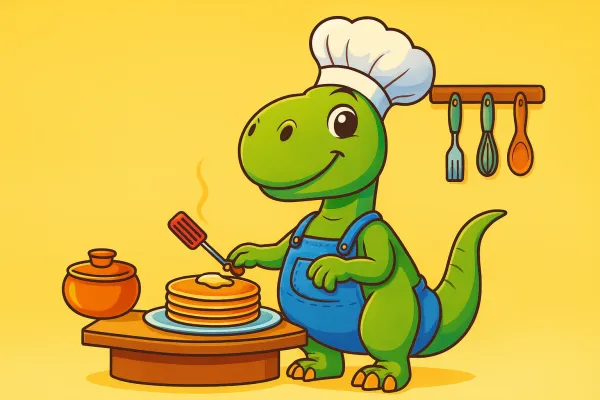 Ausmalbild eines freundlichen Dinosauriers mit Kochmütze, der Pancakes in einer Küche zubereitet.