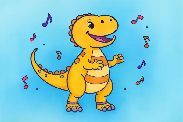 Niedliches Ausmalbild eines fröhlich tanzenden Dinosauriers, umgeben von Musiknoten.