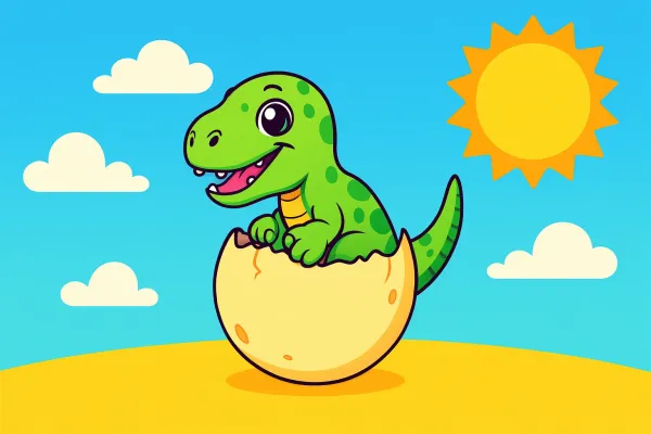 Niedliches Ausmalbild eines Baby-Dinosauriers, der fröhlich aus einem Ei schlüpft.