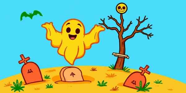 Geist schwebt über einem gruseligen Friedhof als Ausmalbild.