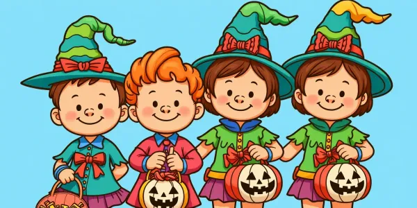 Drei Kinder beim Süßigkeitensammeln an Halloween als Ausmalbild.