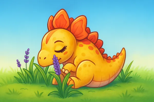 Ausmalbild eines schlafenden Dinosauriers, der friedlich im Gras liegt und von Blättern und Pflanzen umgeben ist.