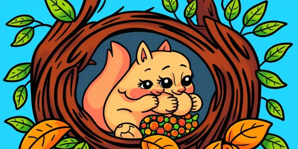 Ein Eichhörnchen, das Nüsse in ein Baumloch verstaut – ein liebevolles Ausmalbild.