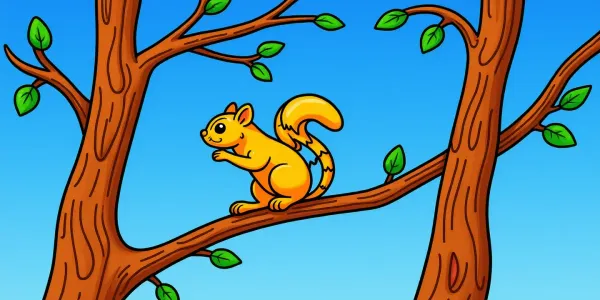 Ein verspieltes Eichhörnchen springt durch die Baumkronen - eine tolle Malvorlage für Kinder!