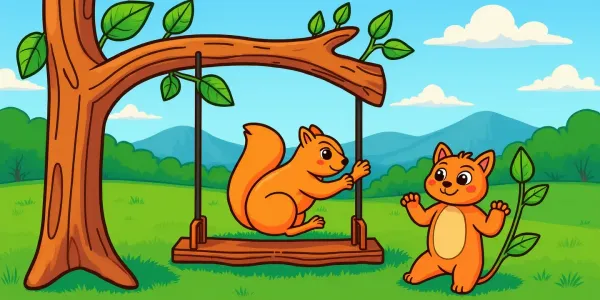 Kostenlose Ausmalvorlage: Eichhörnchen auf Schaukel
