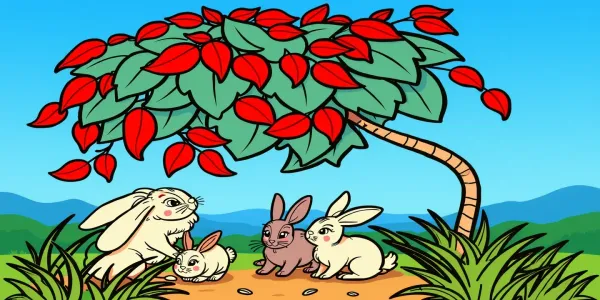 Spielerisches Ausmalbild von Kaninchen und roten Büschen