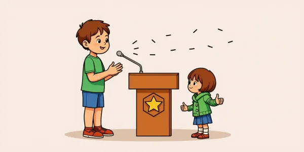 Ausmalbild zum Weltkindertag: Ein kleiner Junge hält ein Mikrofon und spricht vor anderen Kindern.  Eine tolle Ausmalvorlage für Kinder!