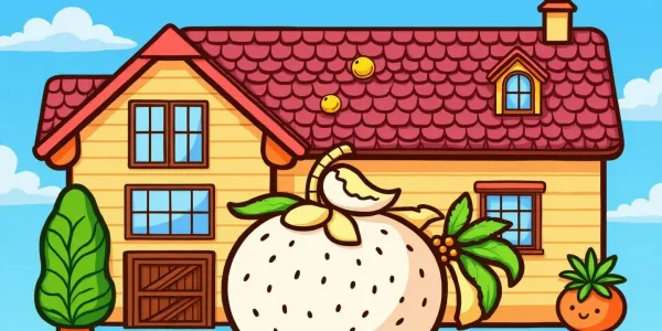 Süße Frucht vor einem fröhlichen Haus – ein Ausmalbild für Kinder.
