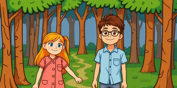 Kostenloses Ausmalbild: Zwei Kinder im Wald
