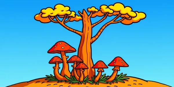 Malvorlage: Sprechende Pilze unter einem Baum – perfekt zum Ausmalen!